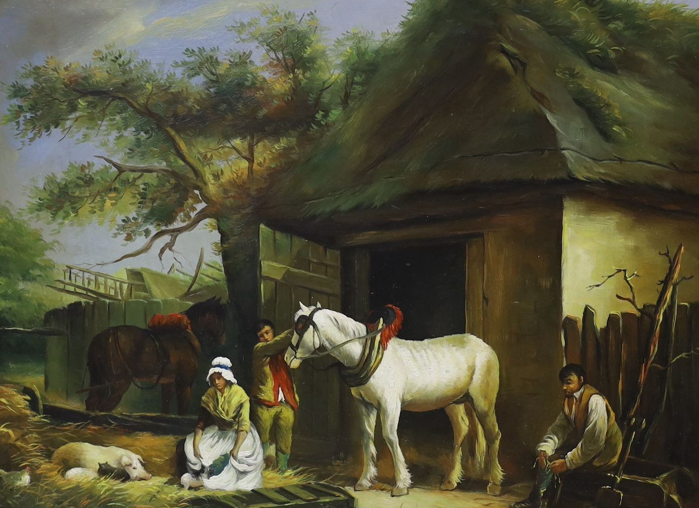 Two modern Victorian style oils on board, Racehorse owner and jockey and Figures beside a stable, 30 x 40cm, frames differ